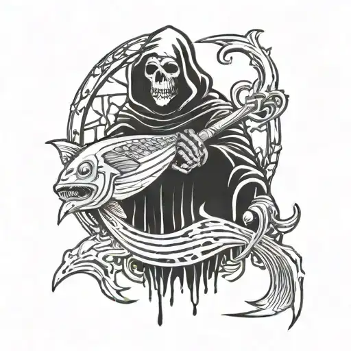 Grim Reaper With Jason Voorhees Mask Holding Fish Made Of Bones