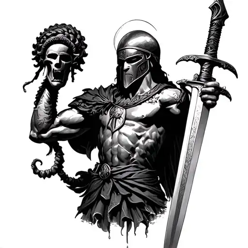 Create A Spartan Warrior Holding A Medusa Head In One Hand While Holding A Sword In The Other