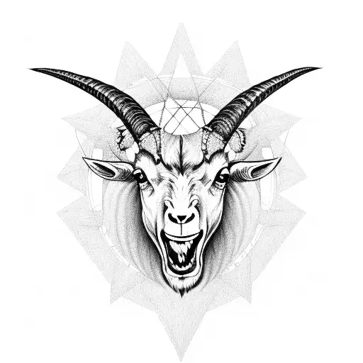 Black Satanic Goat Pentagram On Forhead Evil Mouth With Teeth