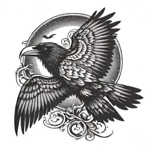 A Crescent Moon Shining As A Raven Is Flying Past It