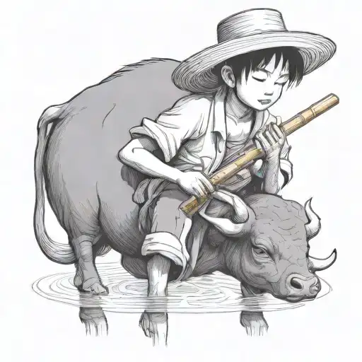 Straw Hat Child Farmer Playing Bamboo Flute Siting On Water Buffalo