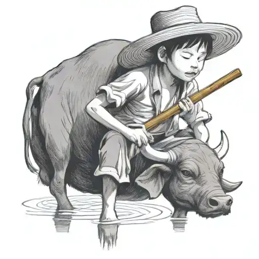 Straw Hat Child Farmer Playing Bamboo Flute Siting On Water Buffalo
