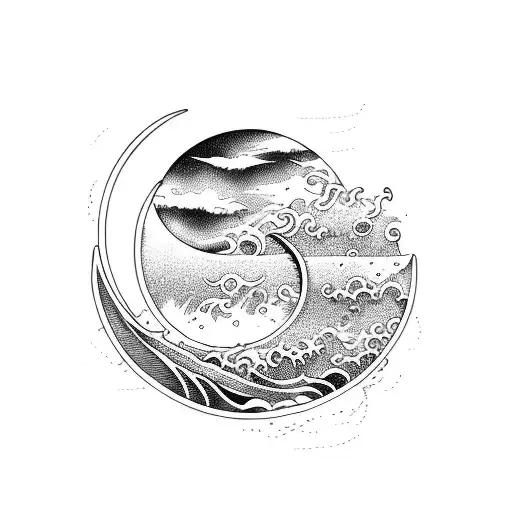 Ocean Wave Within Crescent Moon