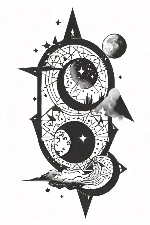 Tattoo In Geometric Style About The Moon And Stars And Loneliness
