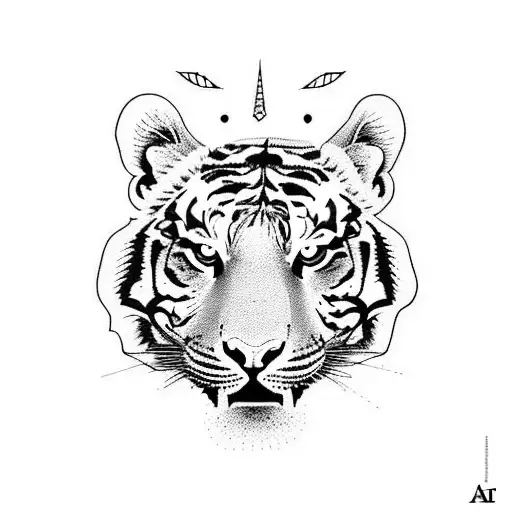 A Tiger With Chicago Skyline Incorporated In Blackwork Style
