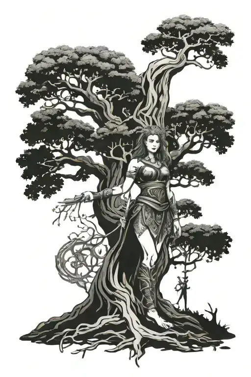 Yggdrasil Tree And Valkyrie Warrior Woman
