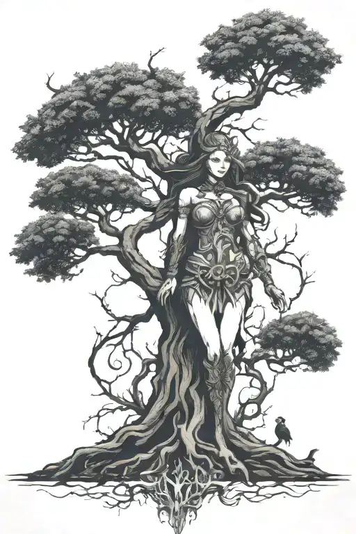 Yggdrasil Tree And Valkyrie Warrior Woman