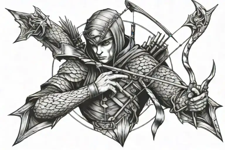 Gothic Archer Shooting Arrows On Top Of Snake