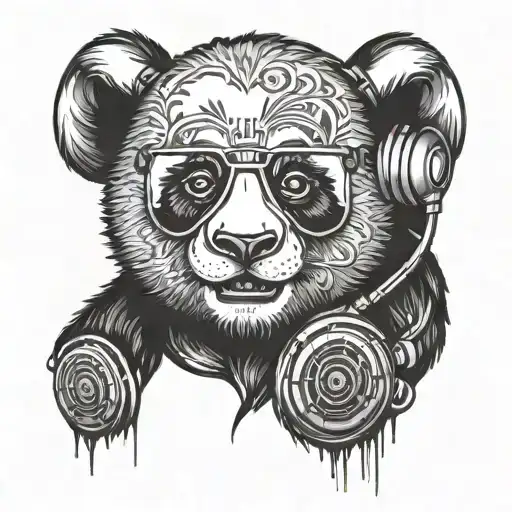 Panda With Dj Headphones On Black And White