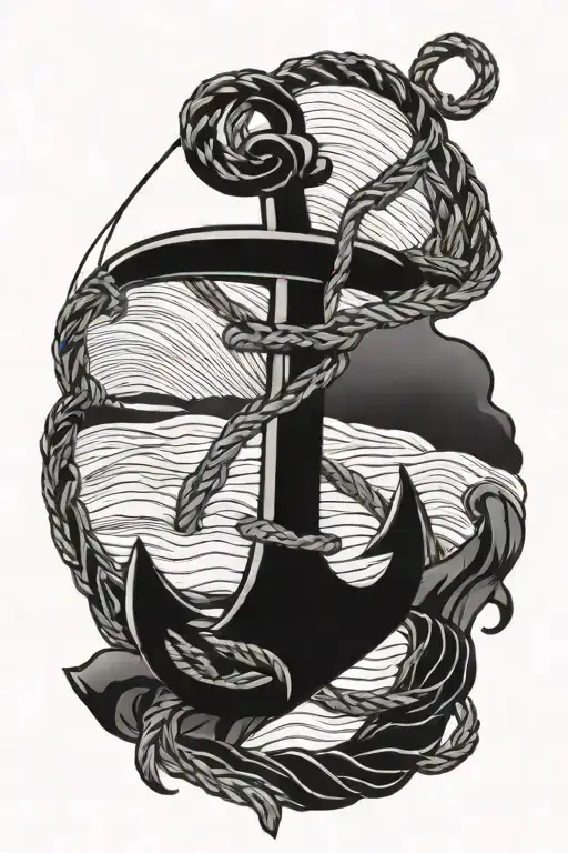 Anchor With Rope And Waves