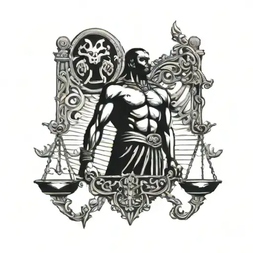 Black Warrior Standing Straight Up Looking Up Holding Libra Scale And A Cross