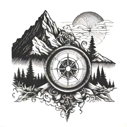 Bottom Of Compass With Mountain Landscape