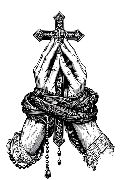 Cross Praying Hand And Rosary Wrapped
