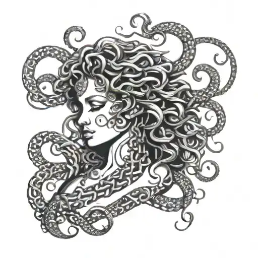 A Stylized Medusa With Intricate Chain Patterns Wrapping Around Her Body