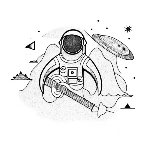 An Adventurous Astronaut Playing Guitar On A Mountain Peak Surrounded By Nature