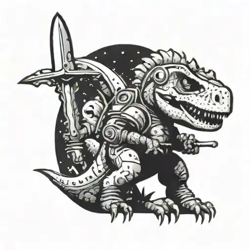 Cartoon Dinosaur Wearing An Astronaut Helmet On A Planet With A Longsword And Trident Somewhere