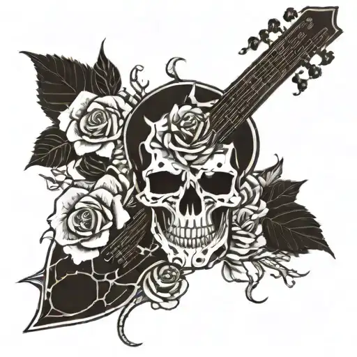 A Skull Shaped Like A Guitar Headstock With Roses And Thorns Wrapping Around It