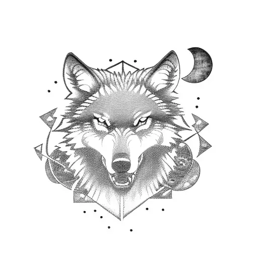 A Blackwork Tattoo Of A Wolf Howling At A Moon Made Of Gaming Symbols