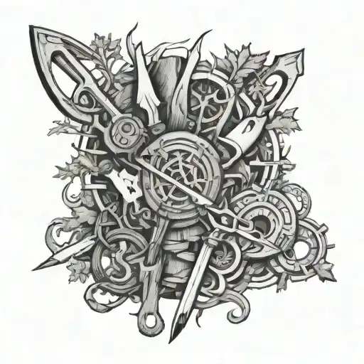 Ancient Forest Ruins Intertwined With Hunting Tools And Artifacts