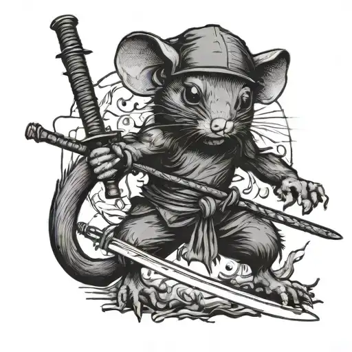 Rat With Rice Hat And Katana Sword Unsheaded On Fire
