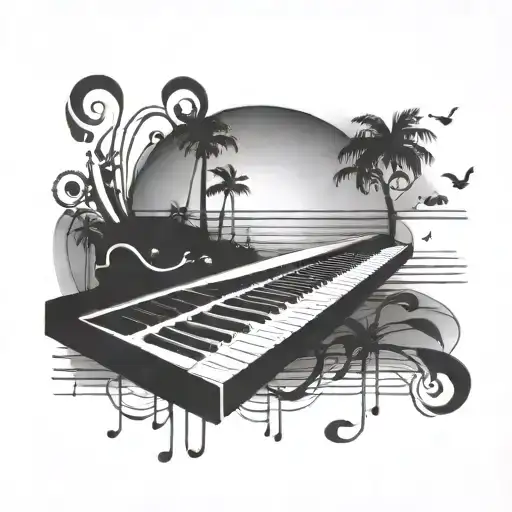 Incorporate A Keyboard And Music Notes Into A Sunset Scene On Ibiza