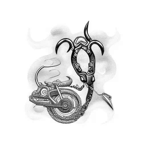 A Detailed Blackwork Tattoo Of A Fishing Hook Intertwined With A Bicycle Chain