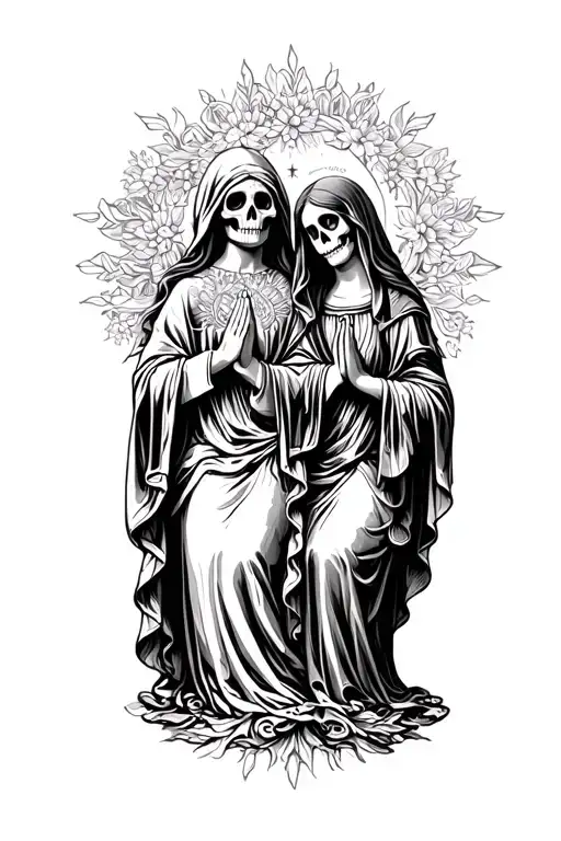 Santa Muerte And Virgin Mary Praying Side By Side