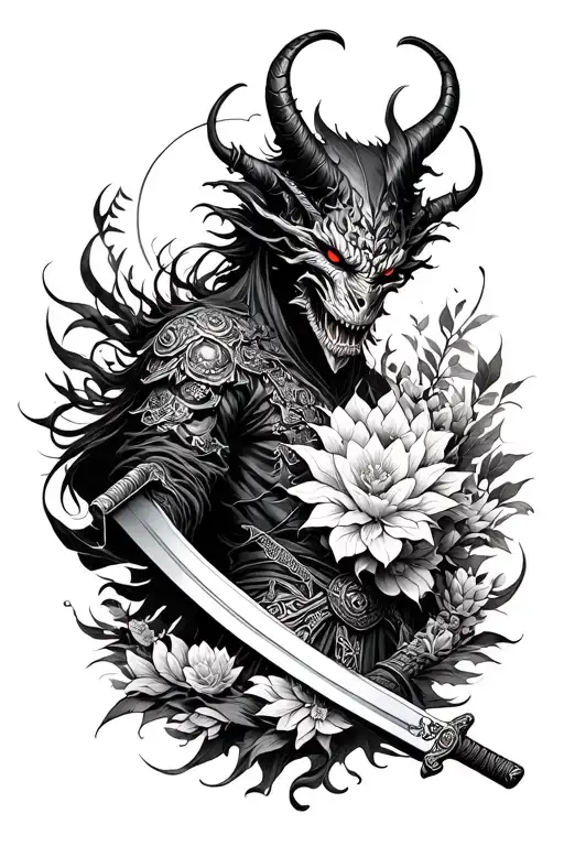 Demon And Katana With Natural Elements