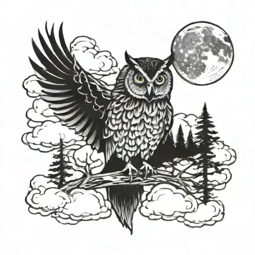 Owl In Forest In Clouds With Moon And A Road Winding