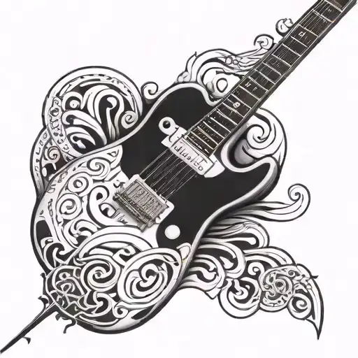 Tattoo In Black And White With The Name Steve Ed And A Electric Guitar