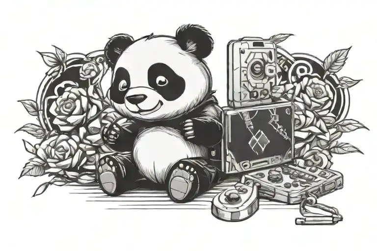 Chibi Panda Bear Sitting And Holding Nintendo Switch