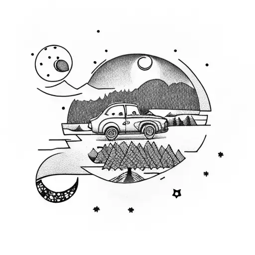 A Dotwork Design Of A Car Driving Up A Mountain Road With A Moon And Starry Sky Above