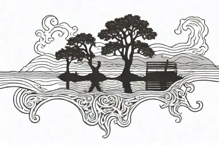 Bench And Tree On A Beach Unset Wavy Water Waves