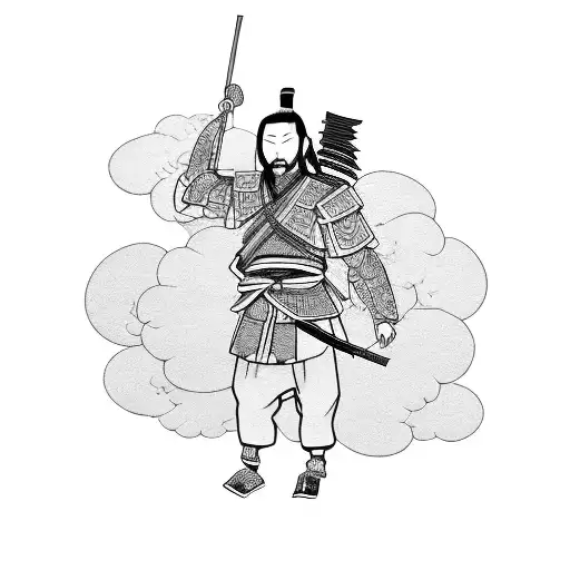 Japanese Samurai With Clouds And Flowers