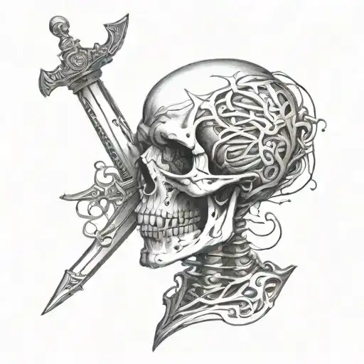 Skull With Human Body Is Looking Sidewards Also Few Swords Are Inside Of His Back