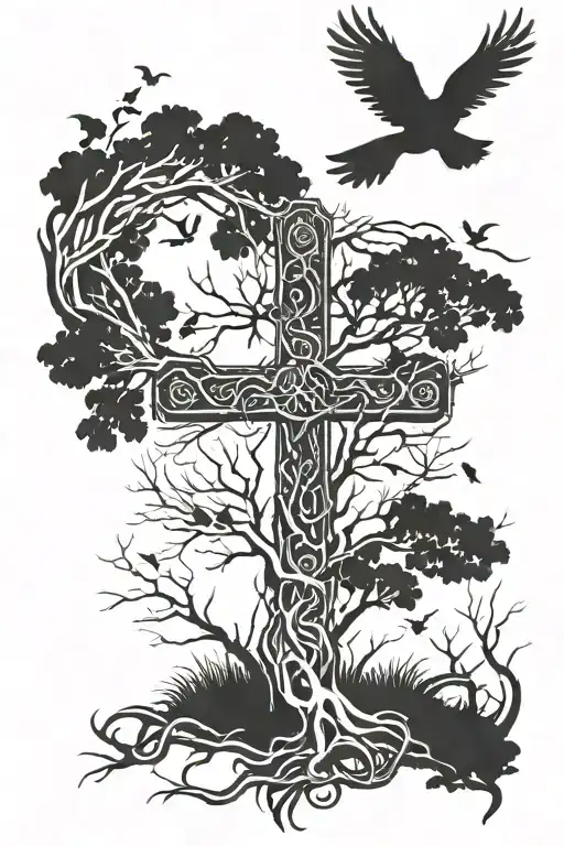 A Cross With Tree Roots And Birds Flying Free