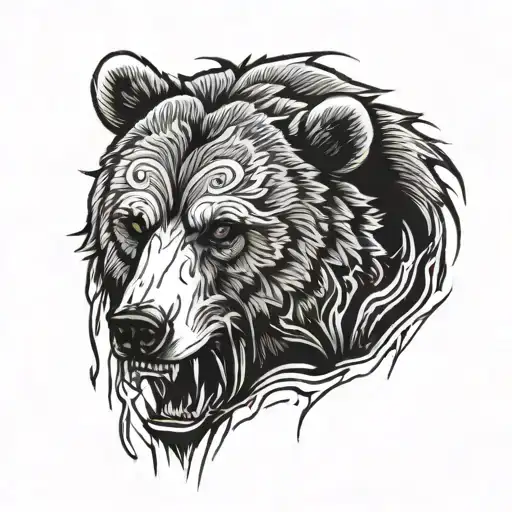 A Bear With Daggers In Its Mouth And White Eyes