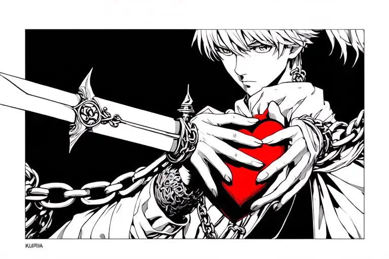 Kurapika Chain Of Judgement Holding A Heart With The Dagger Ready To Pierce Trough It