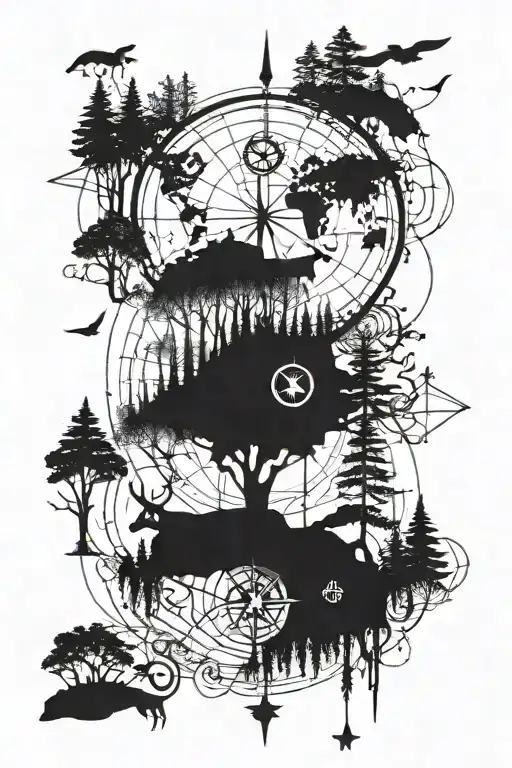 Forest With Map Lines And Animals And A Compass