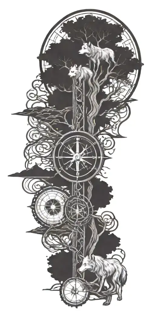 Yggdrasil Viking Compass Two Wolves Mjolnir Hammer
