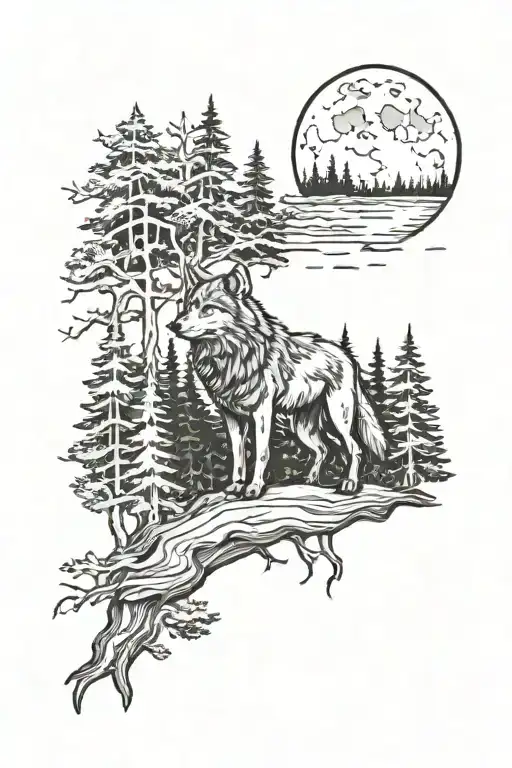 Woodland Themed With Forests And A Wolf And Moon