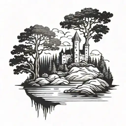 Castle On An Island With Red Cedar Tree