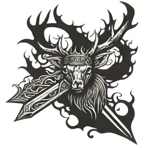 Stag Antlers With Sword In Middle With Flaming Crown Around Sword Hilt
