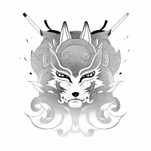 Kitsune Mask With A Katana And The Face Of A Samurai Woman And Lotus Flowers