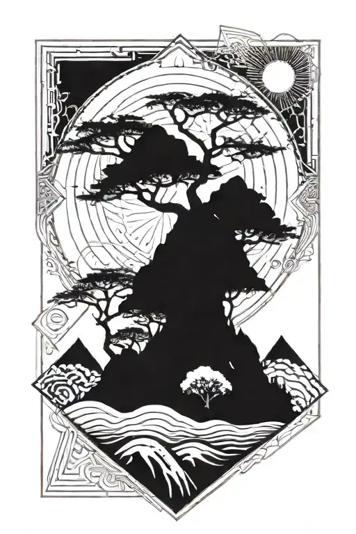 Men's Small Tattoo With Bonsai Mountains And Sun In A Rhombus With Geometric Elements