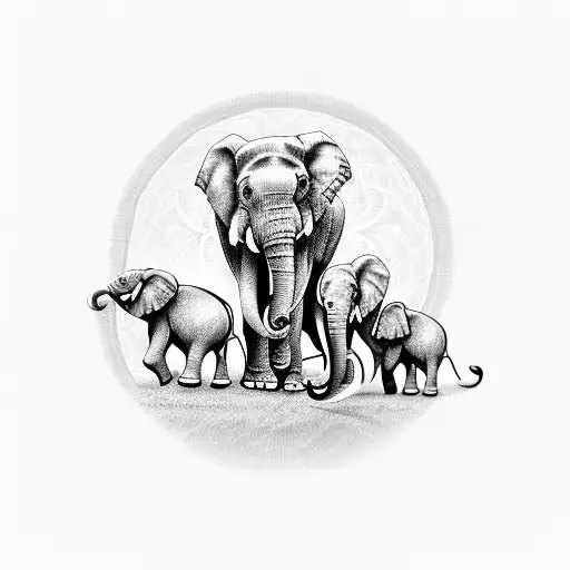 Elephant Family With A Mandala Background