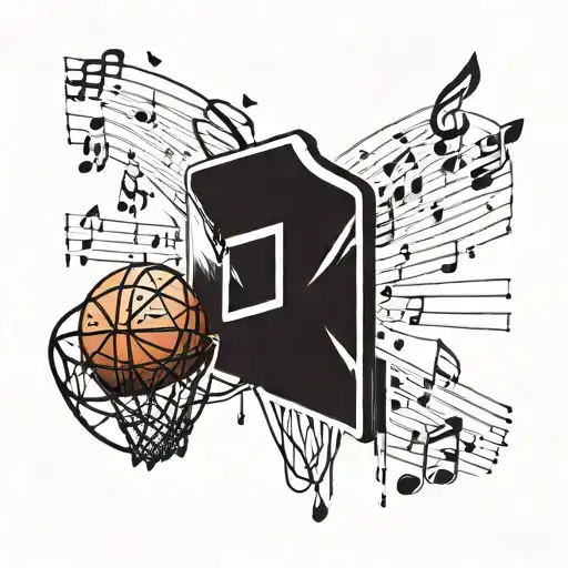 A Tattoo Design Featuring A Basketball Hoop With Music Notes As The Net