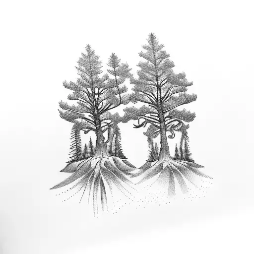 Two Taller Pine Trees With A Smaller Palm Tree In The Middle