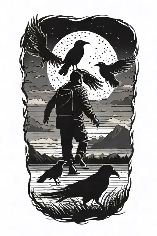 Siluette Of A Father And Two Kids Walking Into The Darkness With Ravens Flying Above