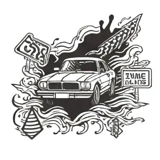 Skid Marks With Street Signs Going Into A Car